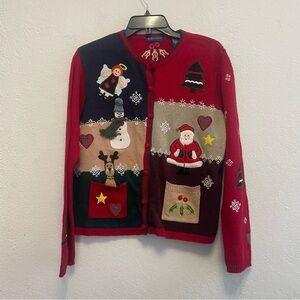 KAREN SCOTT Women's Christmas Patch Cardigan Red Embroidered Snowflake Large